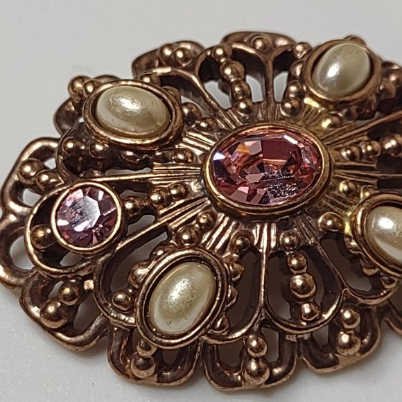 Vintage Gold Tone With Pink Stones Oval Shaped Brooch - Picture 4 of 16